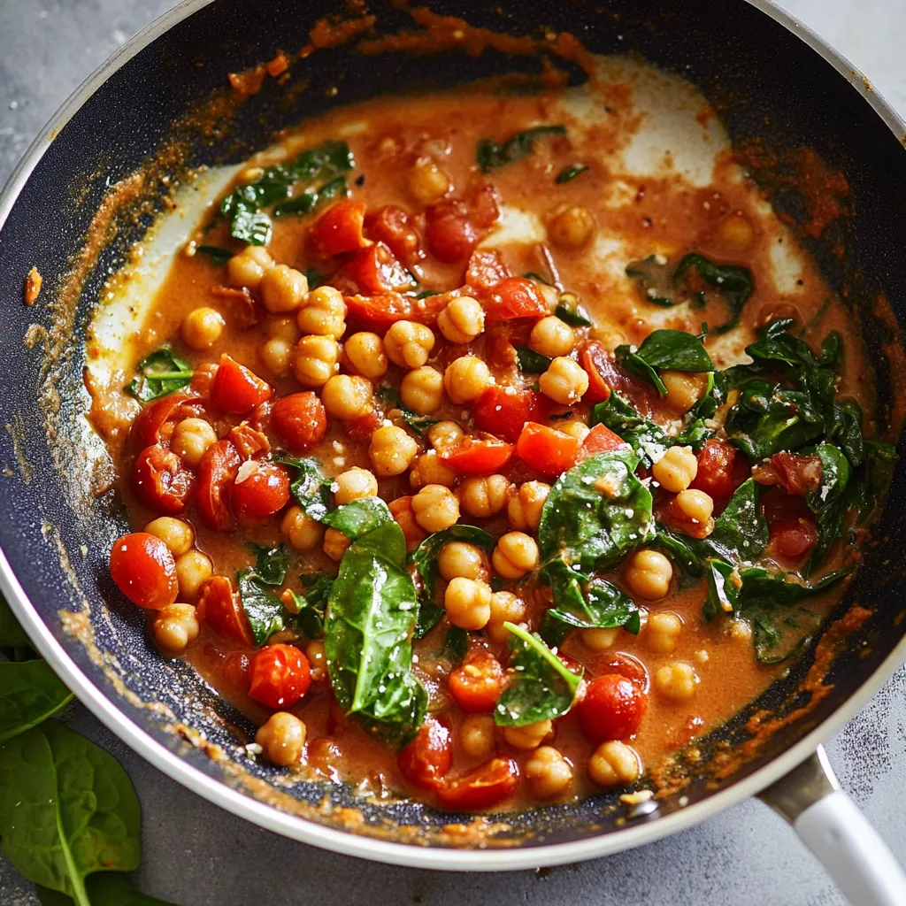 A pan of food with tomatoes and spinach.