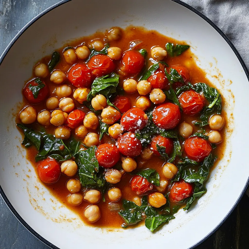 A bowl of food with tomatoes, chickpeas, and spinach.
