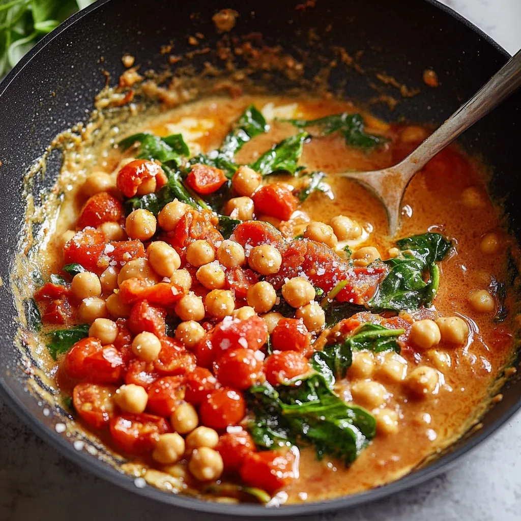 A bowl of food with chickpeas, spinach, and tomatoes.