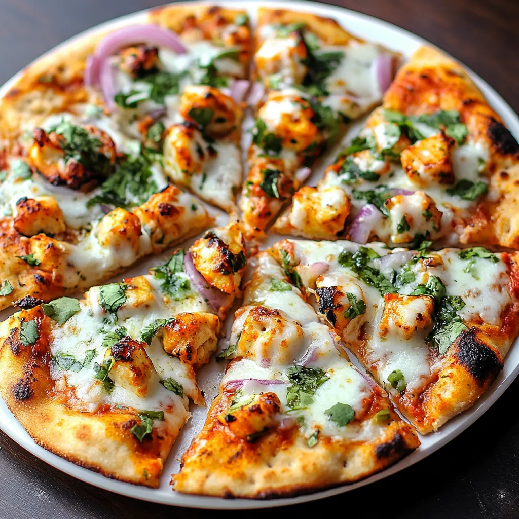 A pizza with chicken and vegetables on a white plate.