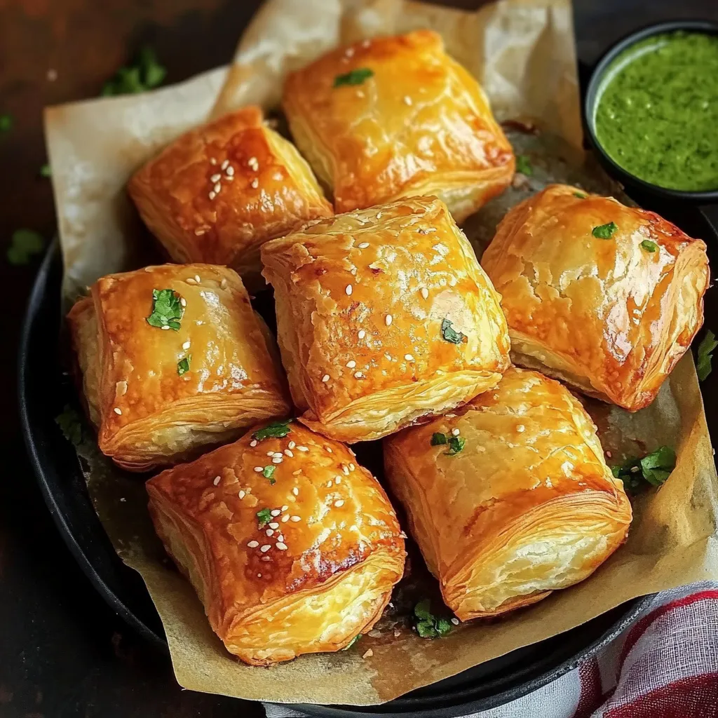 A plate of pastries with green toppings.
