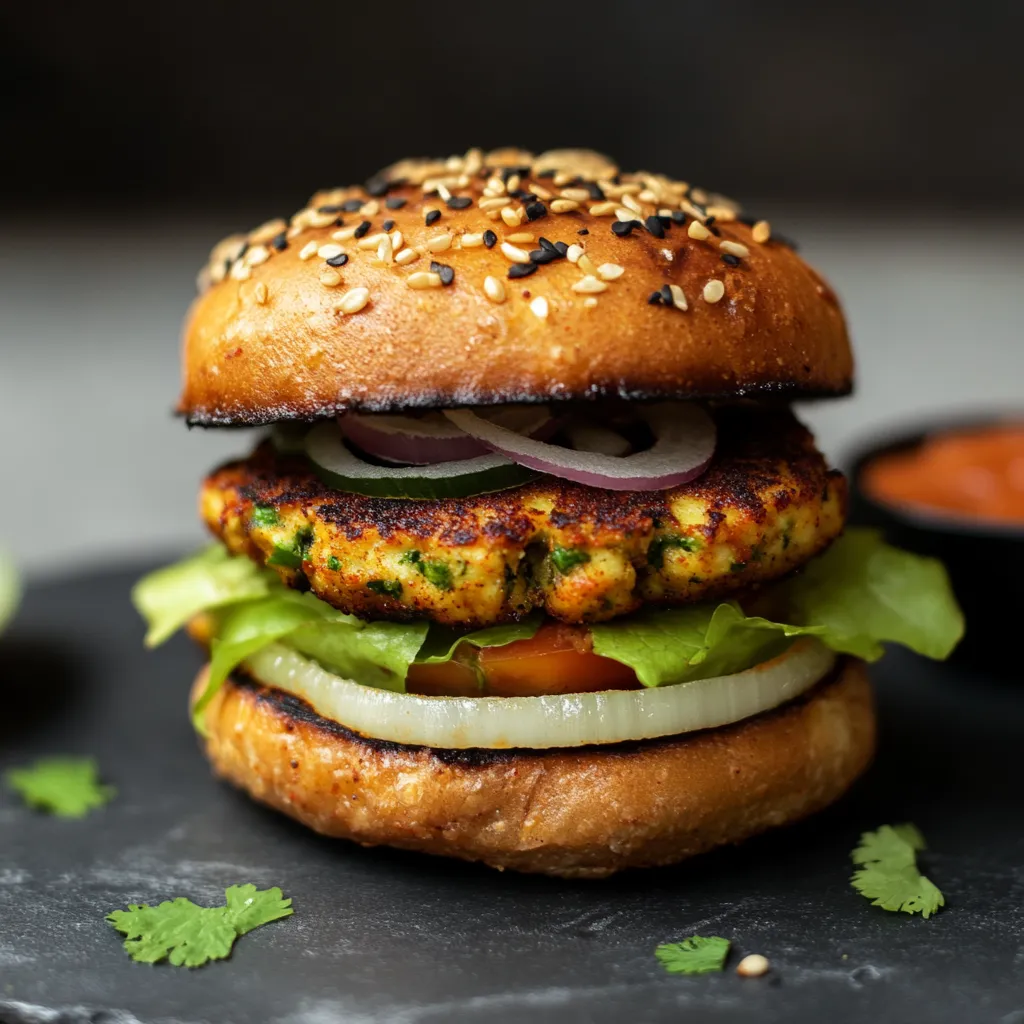 A burger with lettuce, tomato, onion, and black seeds on a bun.