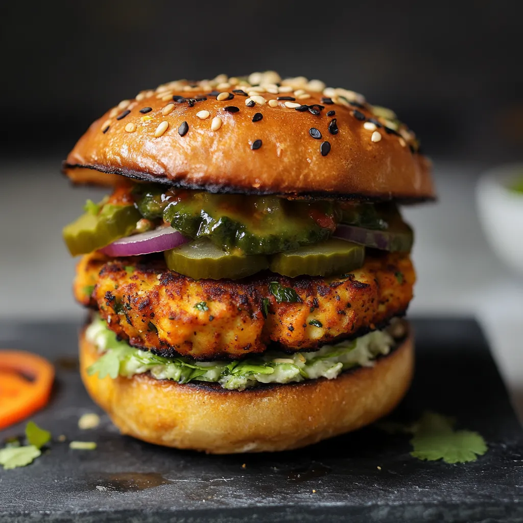 A burger with lettuce, tomato, pickles, and jalapenos.