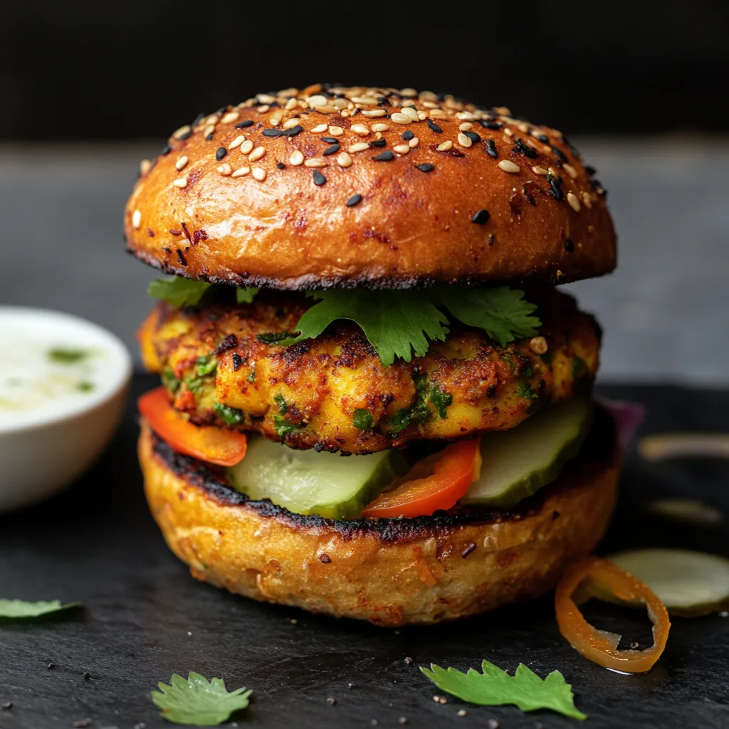 A sandwich with a sesame seed bun and a pickle on top.