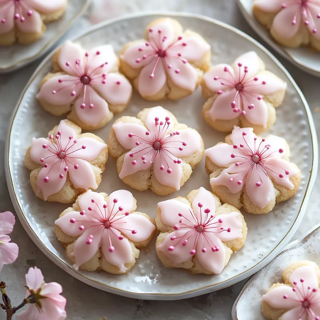 A plate of cookies with pink flowers on top.