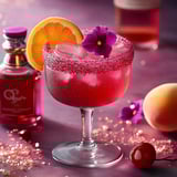 A glass of pink drink with a slice of orange and a flower.