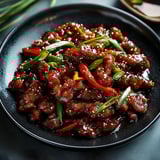 A plate of chicken with peppers and onions.
