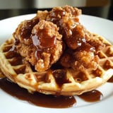 A plate of chicken with gravy on a waffle.