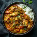 A bowl of chicken and rice.