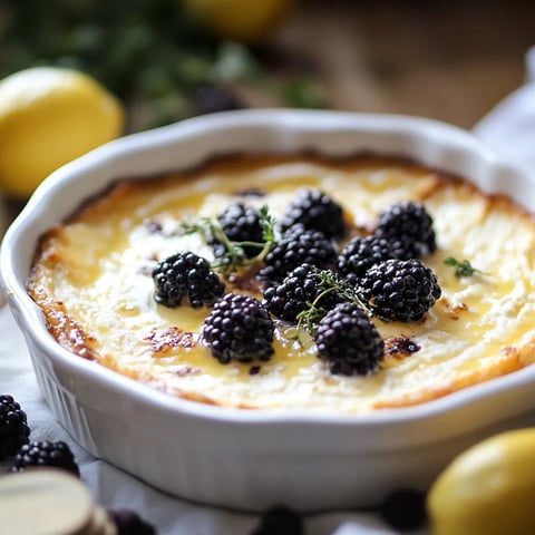 A bowl of food with blackberries and lemon.