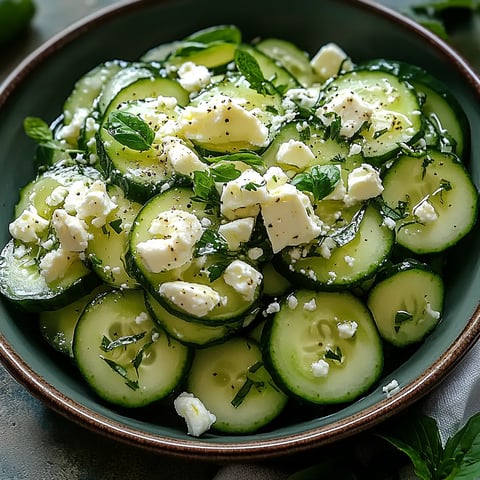 A bowl of cucumbers with feta cheese.